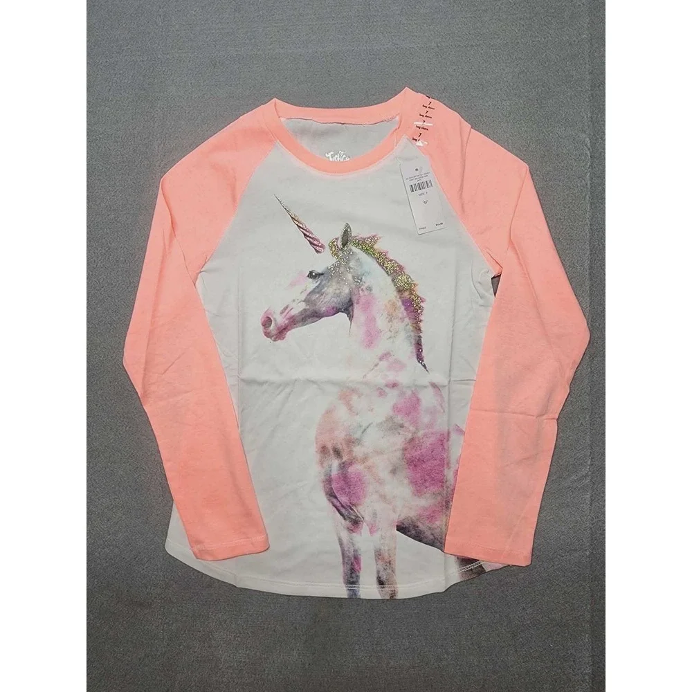 Justice Girls Size 7 Unicorn Raglan Long Sleeve Tee White Peach Glitter Graphic